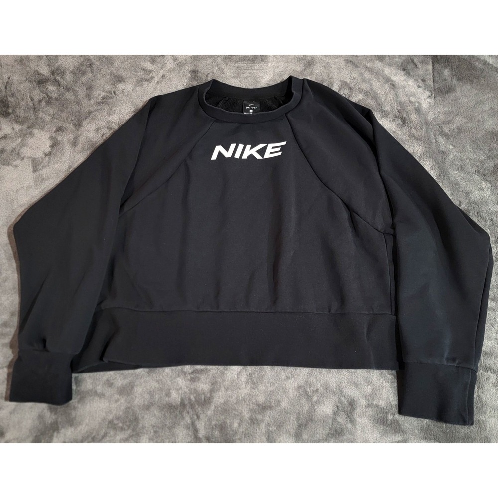Nike Sweatshirt Women XL Black Cropped Dri FIT Spell Out Training Hip Hop Dance